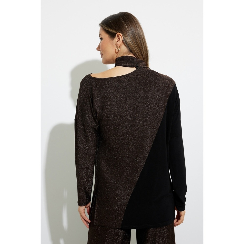 Joseph Ribkoff Top Womens 8 Black Gold Metallic Colorblock Cold Shoulder Holiday